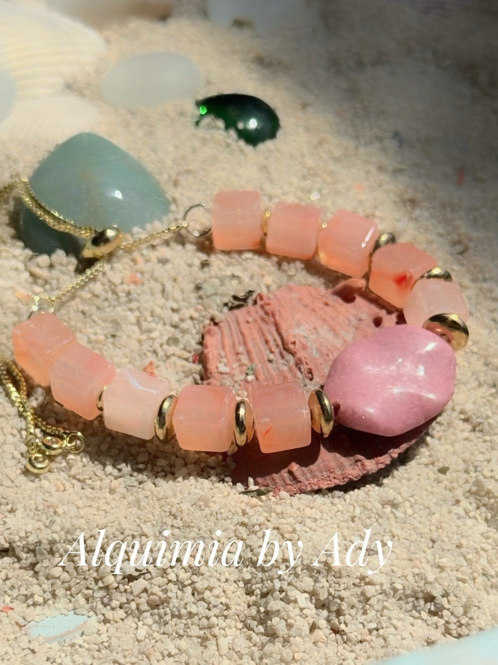 RHODONITE Peach-Pink Beaded Bracelet with Gold Accents